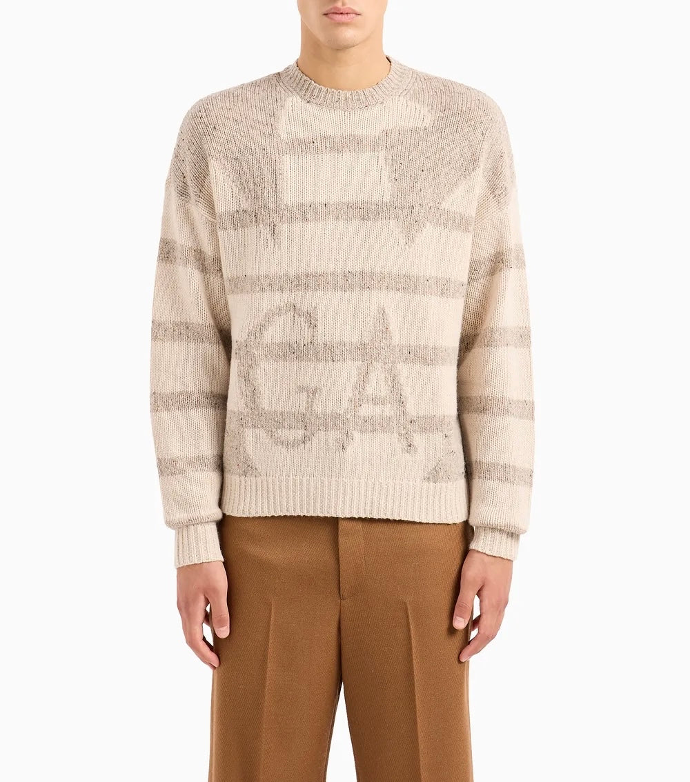 EMPORIO ARMANI - Maglione Beige in Lana Vergine Melange con intarsio maxi Aquila