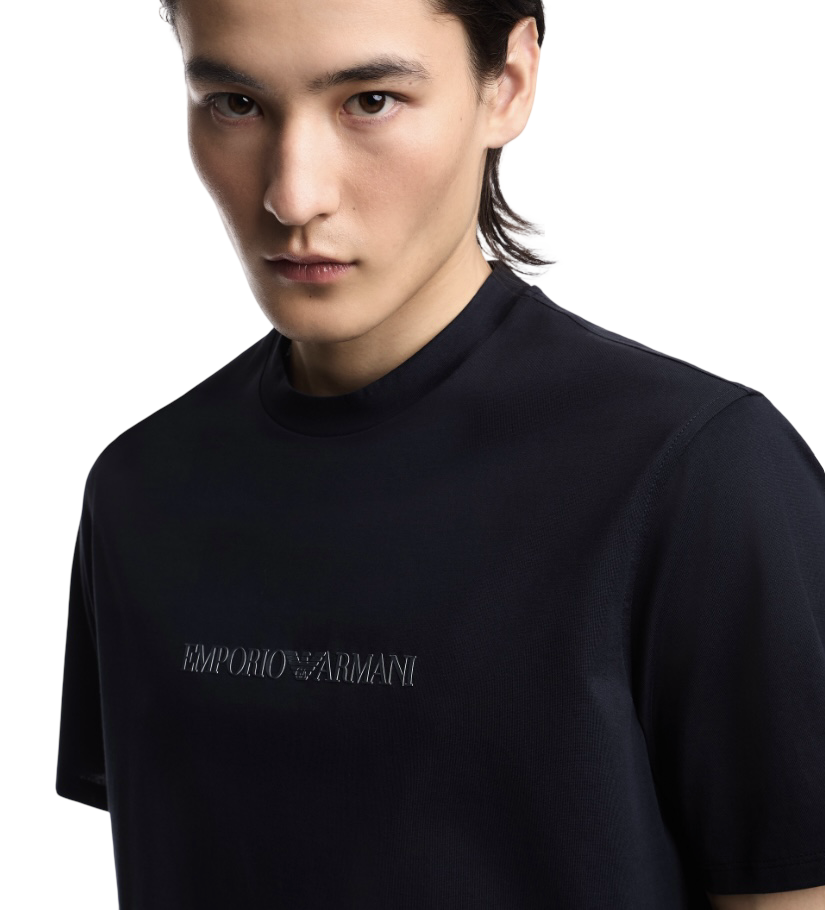 EMPORIO ARMANI - T-shirt Blu Navy in Jersey Pima Con Stampa Logo
