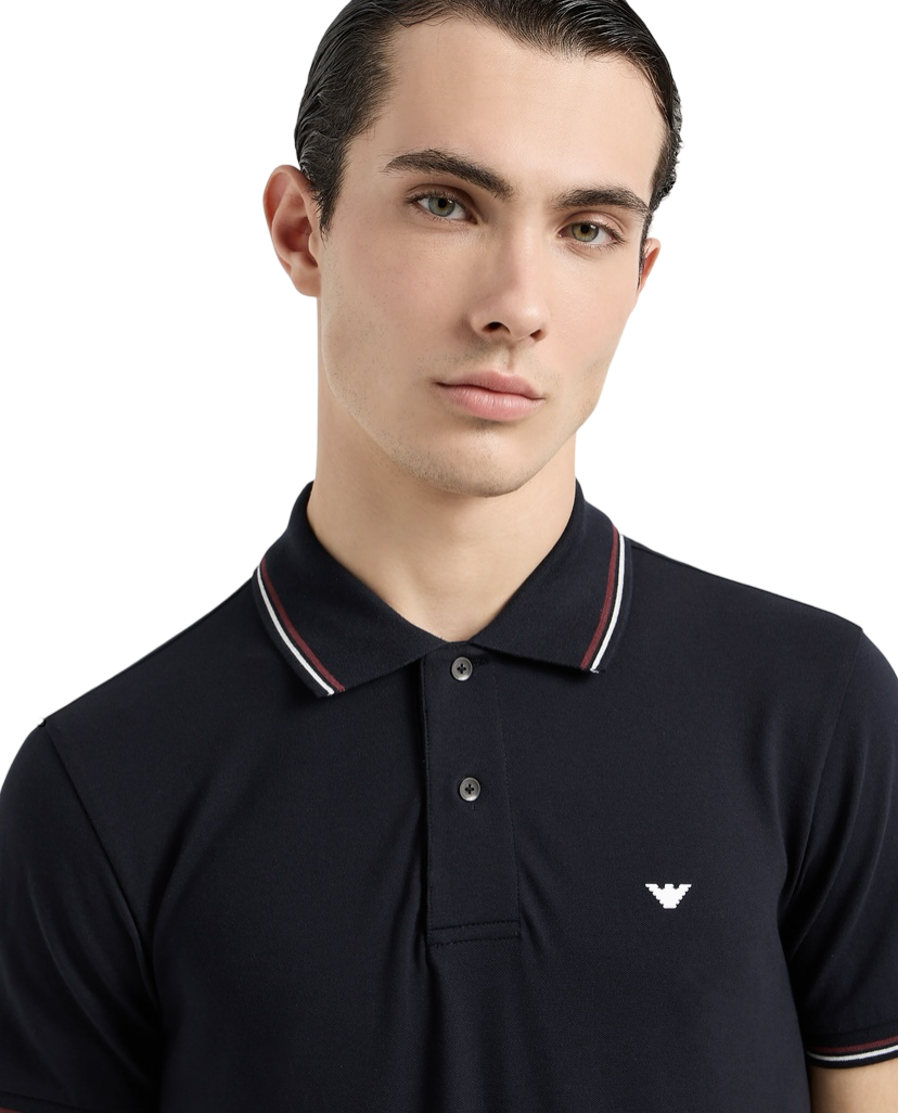 EMPORIO ARMANI - Polo Blu Navy in Piquet Stretch con Micro Eagle
