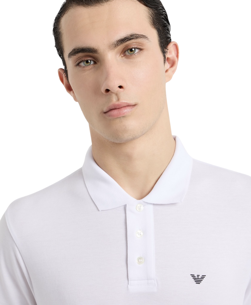 EMPORIO ARMANI - Polo Bianca Tinta Unita in Piquet con Micro Eagle
