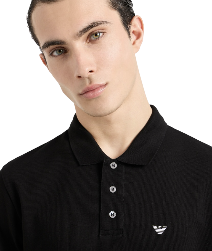 EMPORIO ARMANI - Polo Nera Tinta Unita in Piquet con Micro Eagle