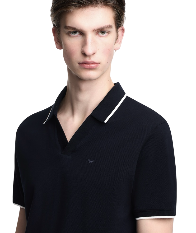 EMPORIO ARMANI - Polo Blu Navy con scollo V in Piquet