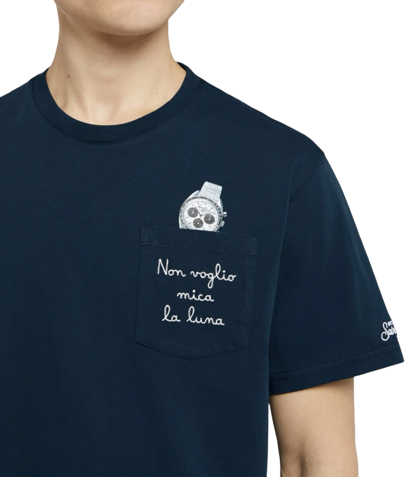 MC2 SAINT BARTH - T-shirt Austin Blu con Orologio e Ricamo Non Voglio Mica la Luna