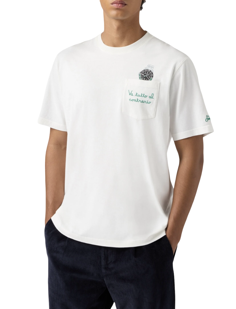 MC2 SAINT BARTH - T-shirt Austin Bianca con Orologio e Ricamo Va tutto al Contrario