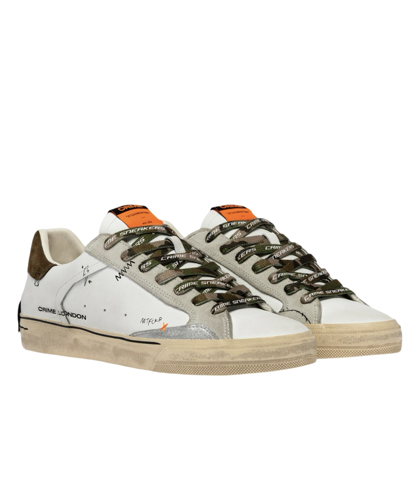 CRIME LONDON - Sneakers Distressed Bianca, Verde Militare e Arancione