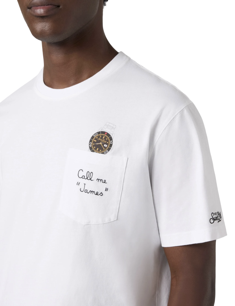 MC2 SAINT BARTH - T-shirt Austin Bianca con Orologio e Ricamo Call Me James