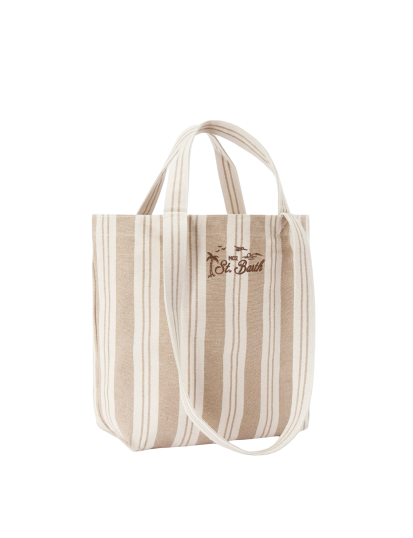 MC2 SAINT BARTH - Borsa Tote Essential Beach in Cotone a righe Beige e Bianca