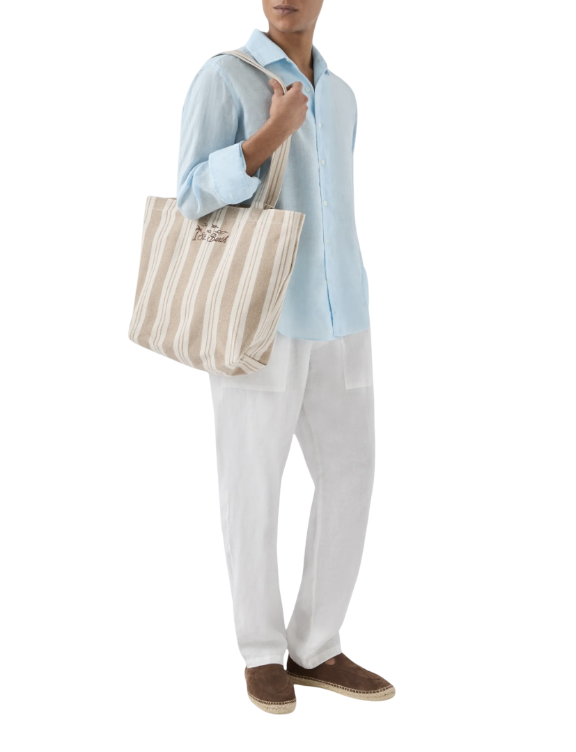 MC2 SAINT BARTH - Borsa Tote Essential Beach in Cotone a righe Beige e Bianca