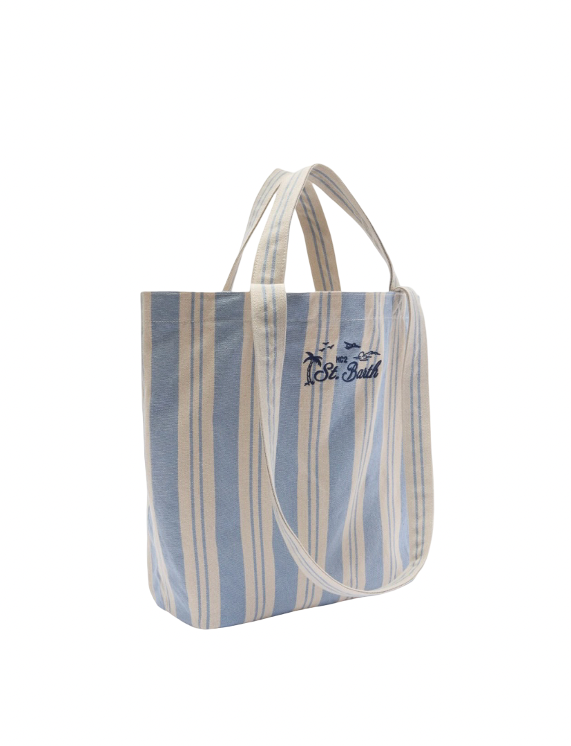 MC2 SAINT BARTH - Borsa Tote Essential Beach in Cotone a righe Bianca e Celeste