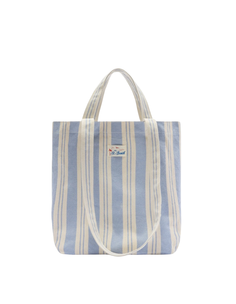 MC2 SAINT BARTH - Borsa Tote Essential Beach in Cotone a righe Bianca e Celeste