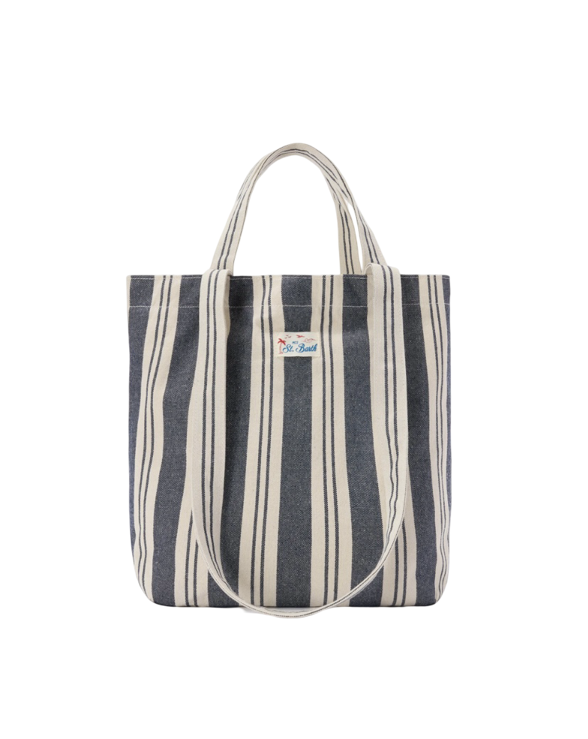MC2 SAINT BARTH - Borsa Tote Essential Beach in Cotone a righe Bianca e Blu