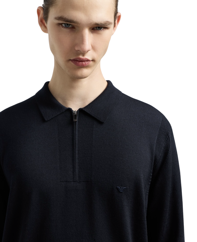 EMPORIO ARMANI - Maglione Blu Collo Polo con Zip