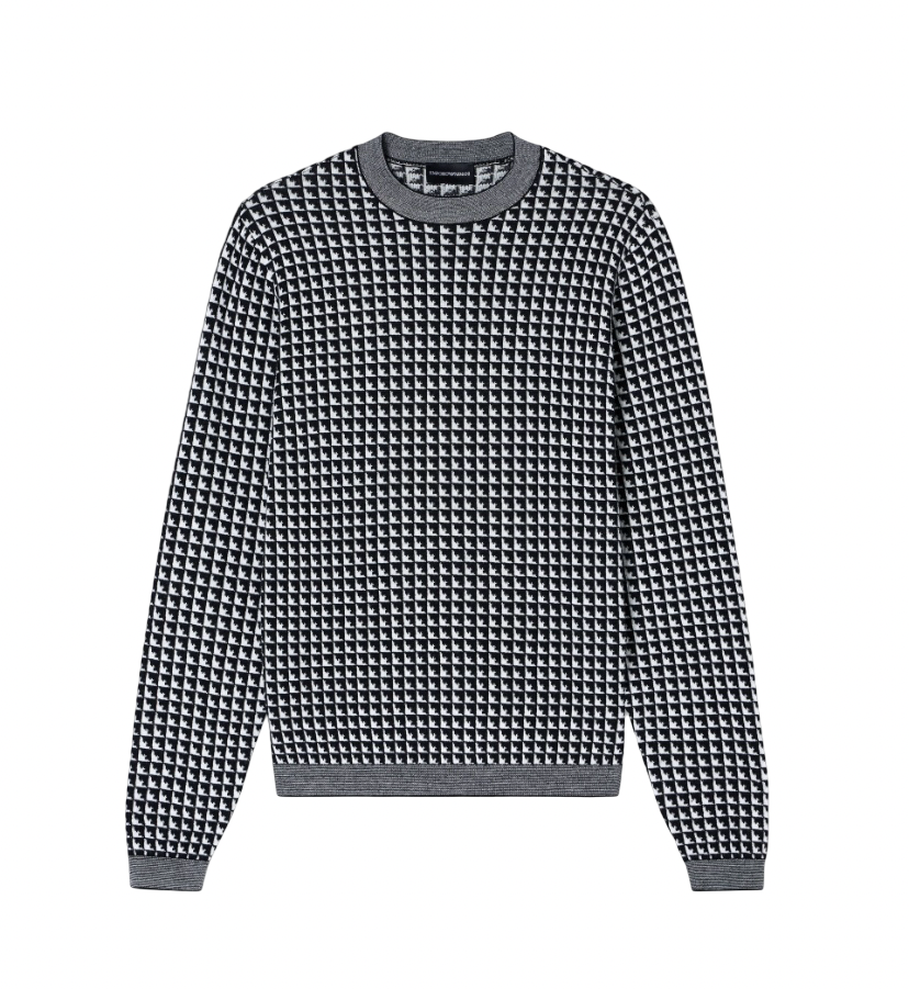 EMPORIO ARMANI - Maglione Bianco e Nero Jacquard motivo Aquile