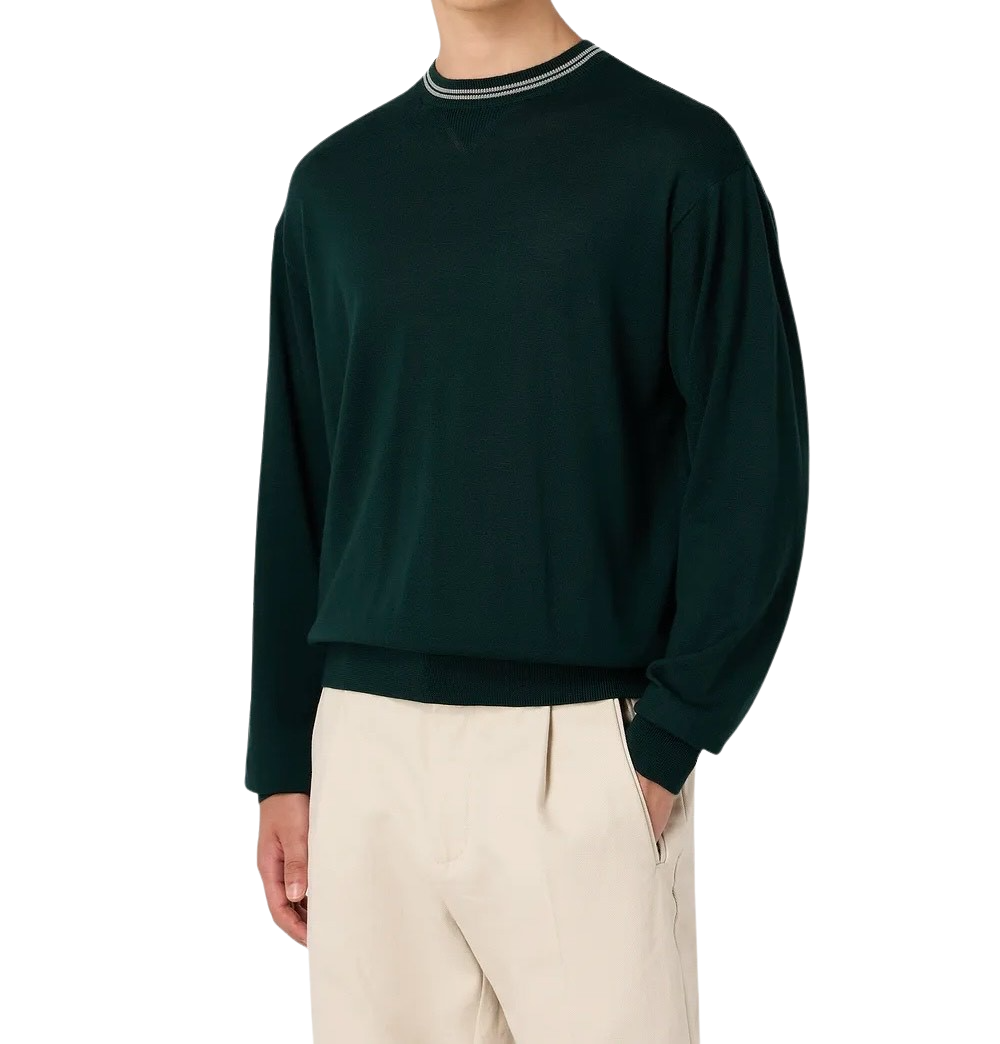 EMPORIO ARMANI - Maglione Verde Scuro in Lana Vergine rasata con Logo Aquila Jacquard