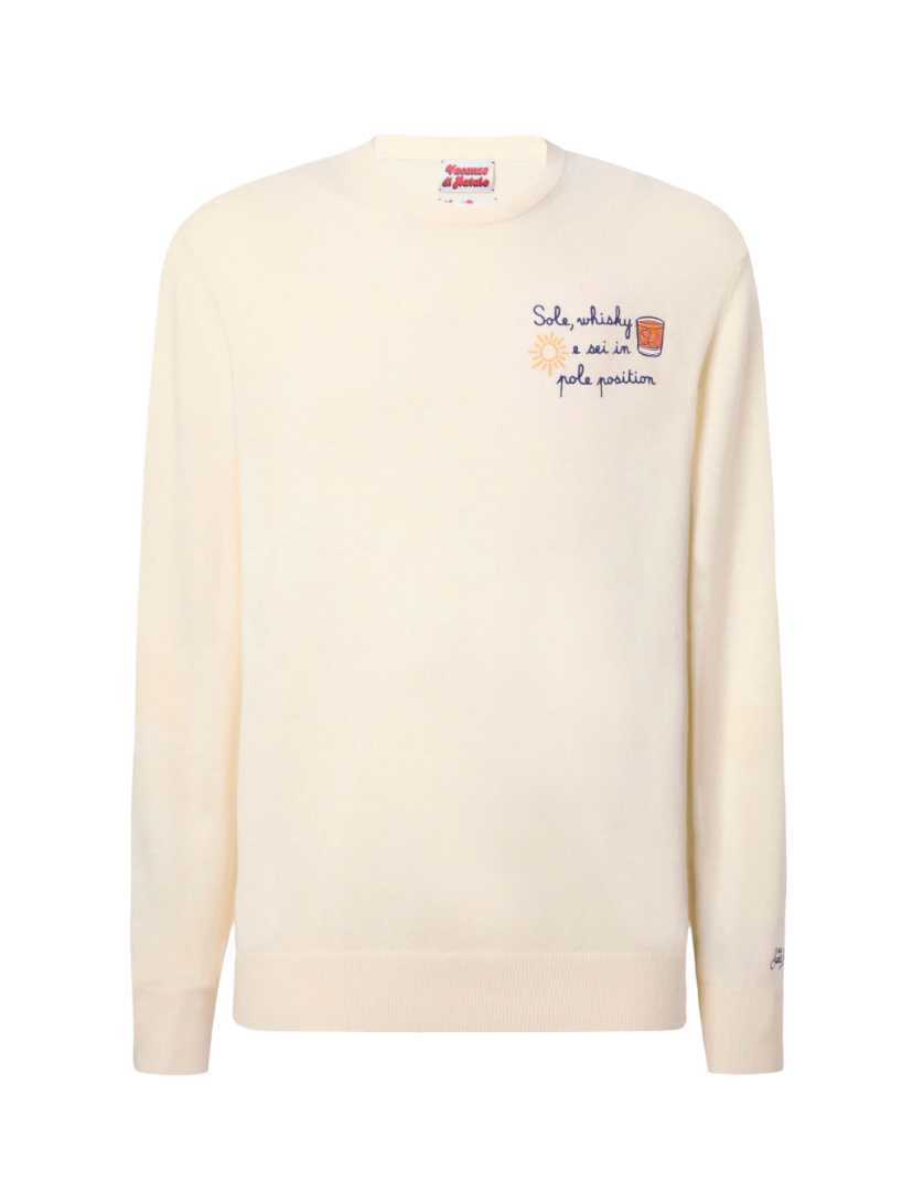 MC2 SAINT BARTH - Maglione Bianco con ricamo Sole, Whisky e Sei in Pole Position