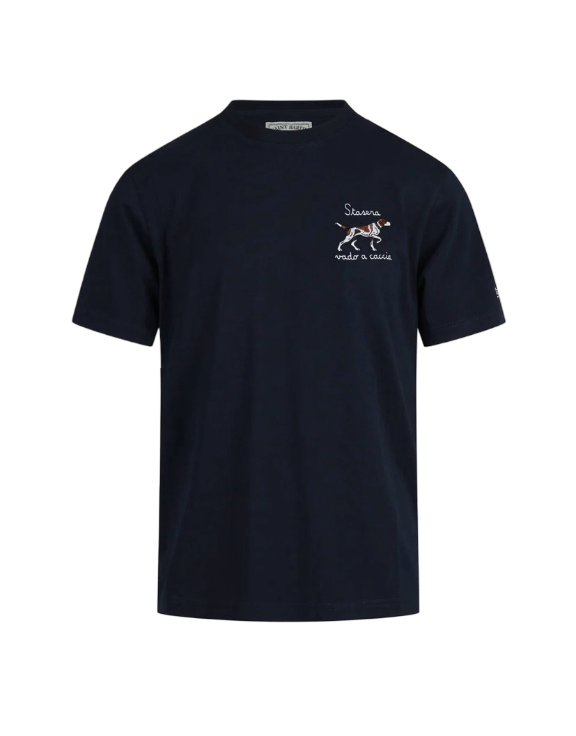 MC2 SAINT BARTH - T-shirt Blu Arnott con ricamo Stasera Vado a Caccia
