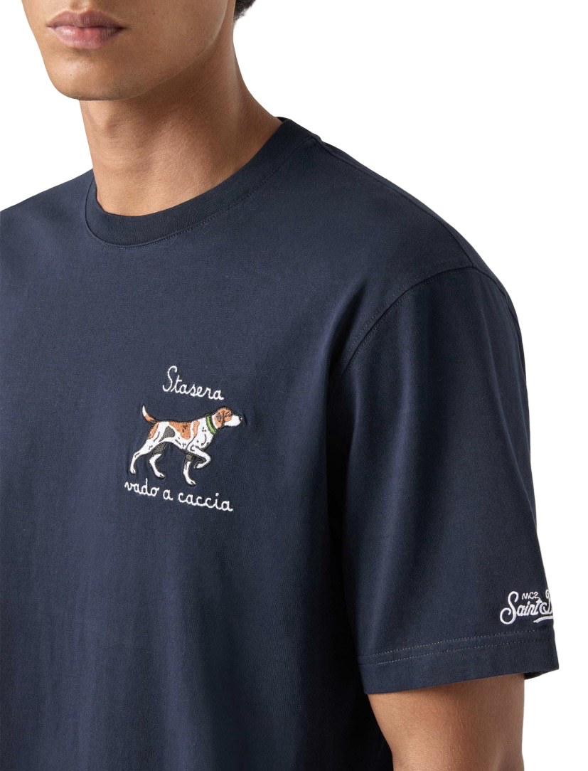 MC2 SAINT BARTH - T-shirt Blu Arnott con ricamo Stasera Vado a Caccia