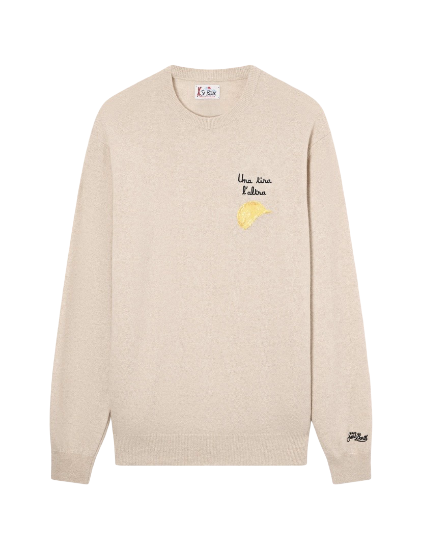 MC2 SAINT BARTH - Maglione Heron Light Embry Beige con ricamo Amica Chips Una tira l’altra
