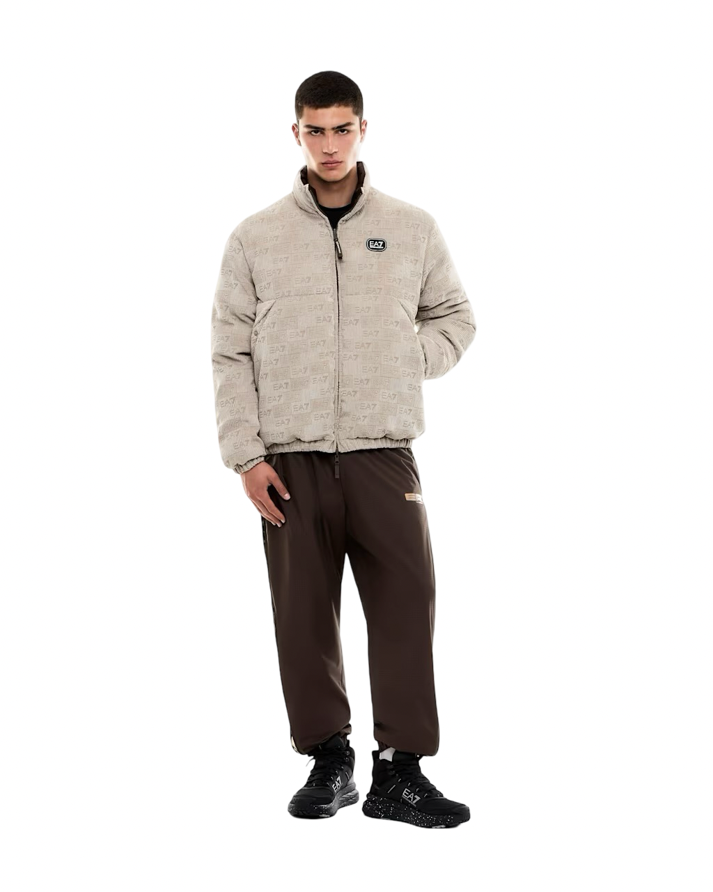 EA7 - Piumino Bomber Reversibile in Velluto Beige e Marrone