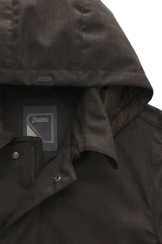 HERNO - Parka Marrone in Flanella con Membrana Impermeabile