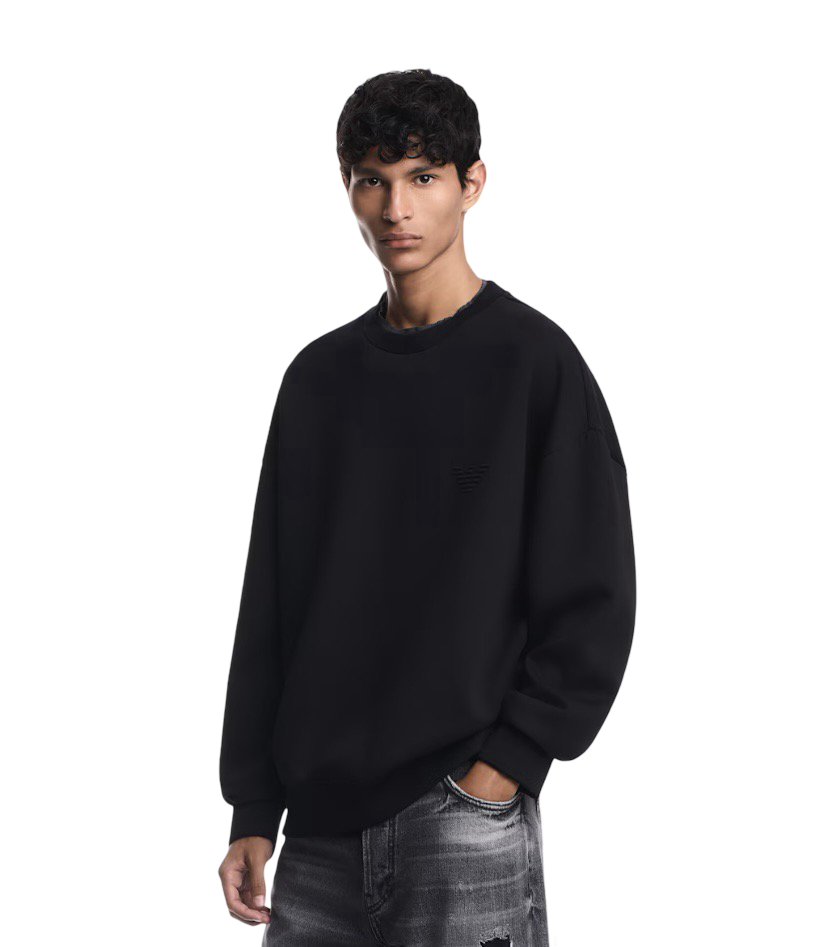 EMPORIO ARMANI - Felpa Nera Over in Double Jersey con Ricamo Aquila