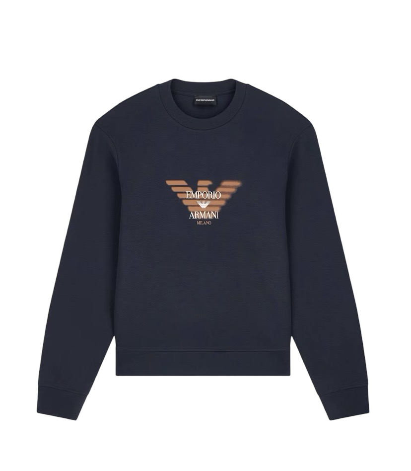 EMPORIO ARMANI - Felpa Blu in Double Jersey con Logo Aquila Arancione