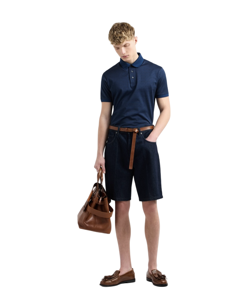 EMPORIO ARMANI - Polo Blu Jacquard Lettering All Over