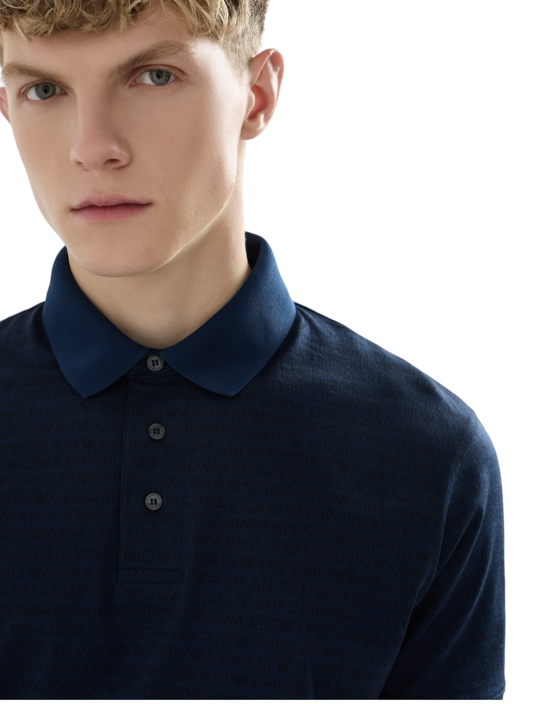 EMPORIO ARMANI - Polo Blu Jacquard Lettering All Over