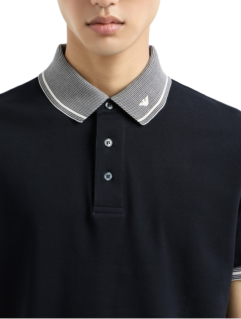 EMPORIO ARMANI - Polo Blu Navy in Piquet con Collo Profilato
