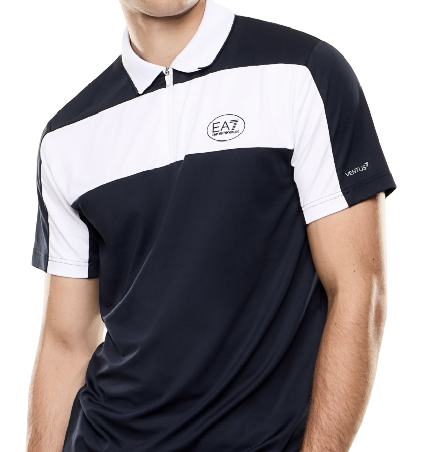 EA7 - Polo Blu e Bianca Tennis Pro in Tessuto Tecnico Ventus7
