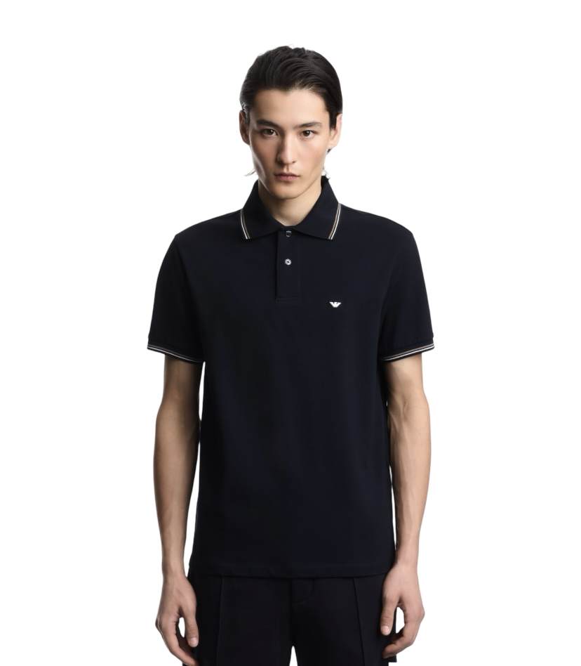 EMPORIO ARMANI - Polo Blu in Piquet Stretch con Micro Eagle