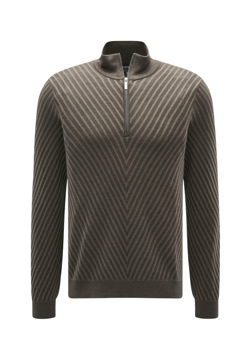 EMPORIO ARMANI - Maglione Marrone Mezza Zip in Lana Vergine Operata Capsule Signature