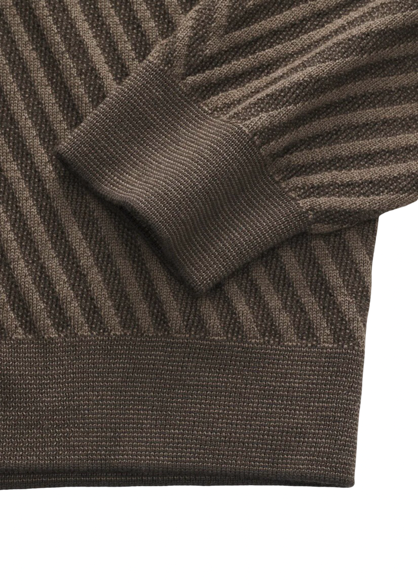 EMPORIO ARMANI - Maglione Marrone Mezza Zip in Lana Vergine Operata Capsule Signature