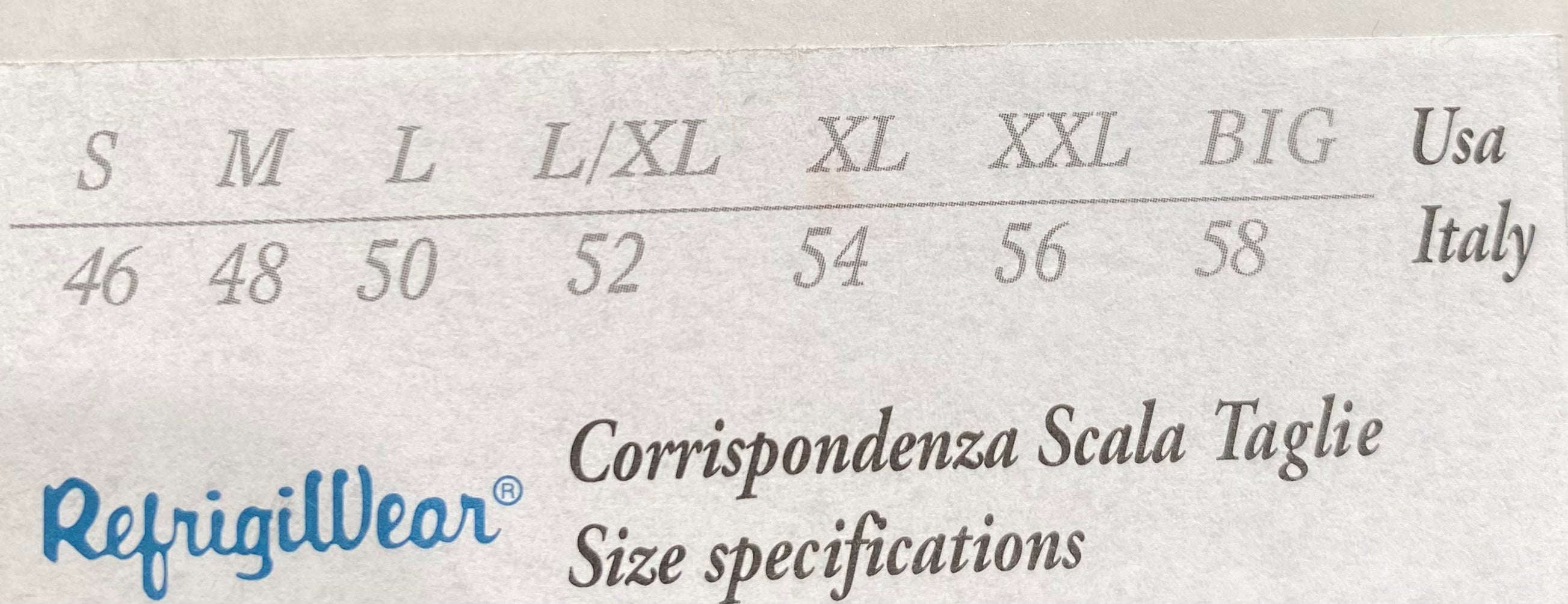 Guida alle taglie clearance refrigiwear