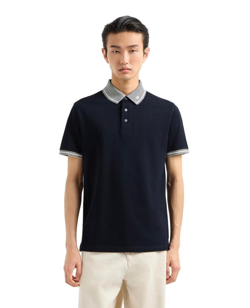 EMPORIO ARMANI - Polo Blu Navy in Piquet con Collo Profilato
