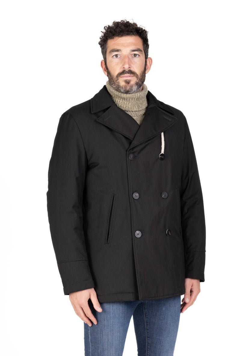 CAMPLIN - Cappotto Corto Doppiopetto Nero in tessuto Impermeabile