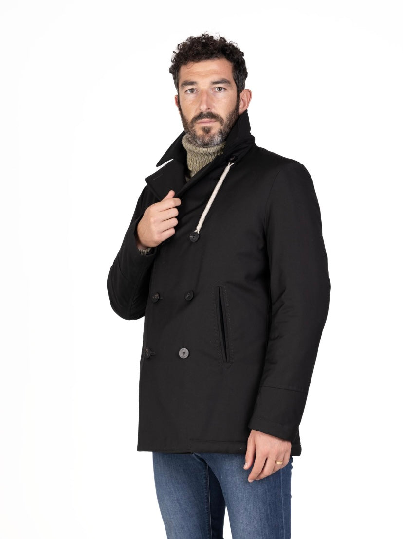 CAMPLIN - Cappotto Corto Doppiopetto Nero in tessuto Impermeabile