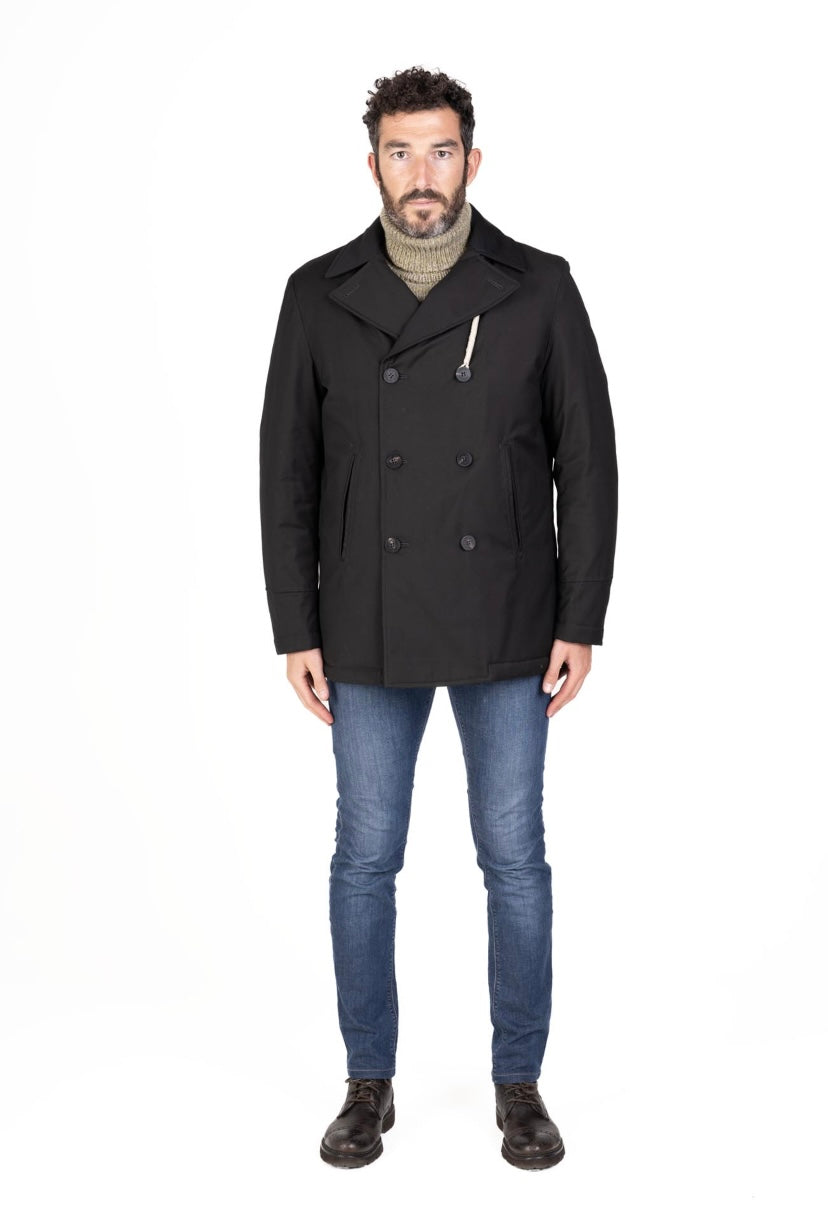 CAMPLIN - Cappotto Corto Doppiopetto Nero in tessuto Impermeabile