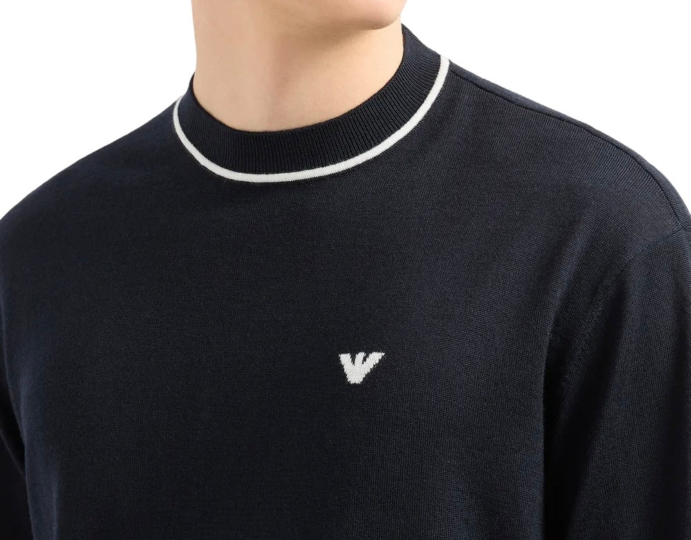 EMPORIO ARMANI - Maglione Blu Navy con dettaglio logo jacquard