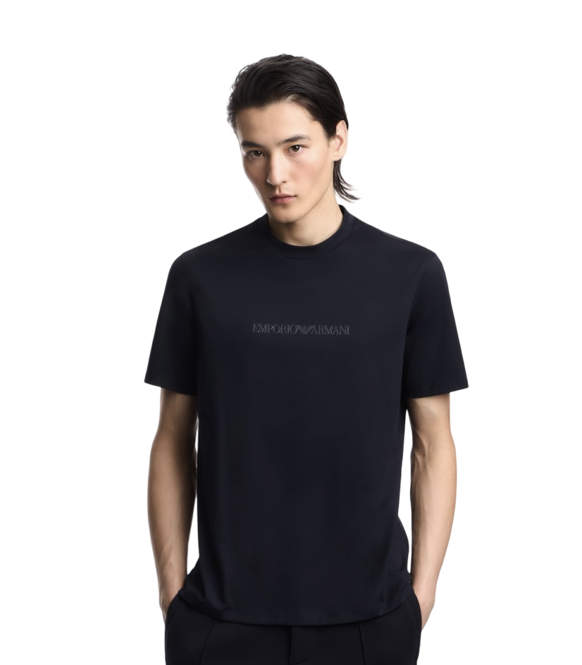 EMPORIO ARMANI - T-shirt Blu Navy in Jersey Pima Con Stampa Logo