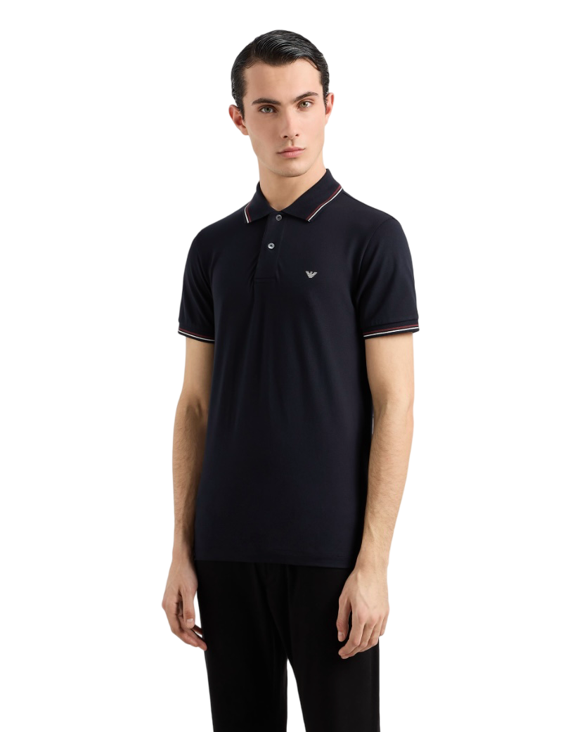 EMPORIO ARMANI - Polo Blu Navy in Piquet Stretch con Micro Eagle