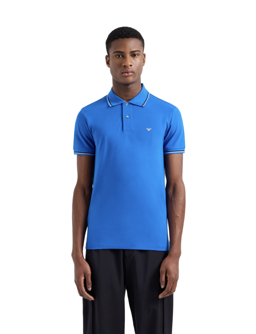 EMPORIO ARMANI - Polo Azzurro in Piquet Stretch con Micro Eagle