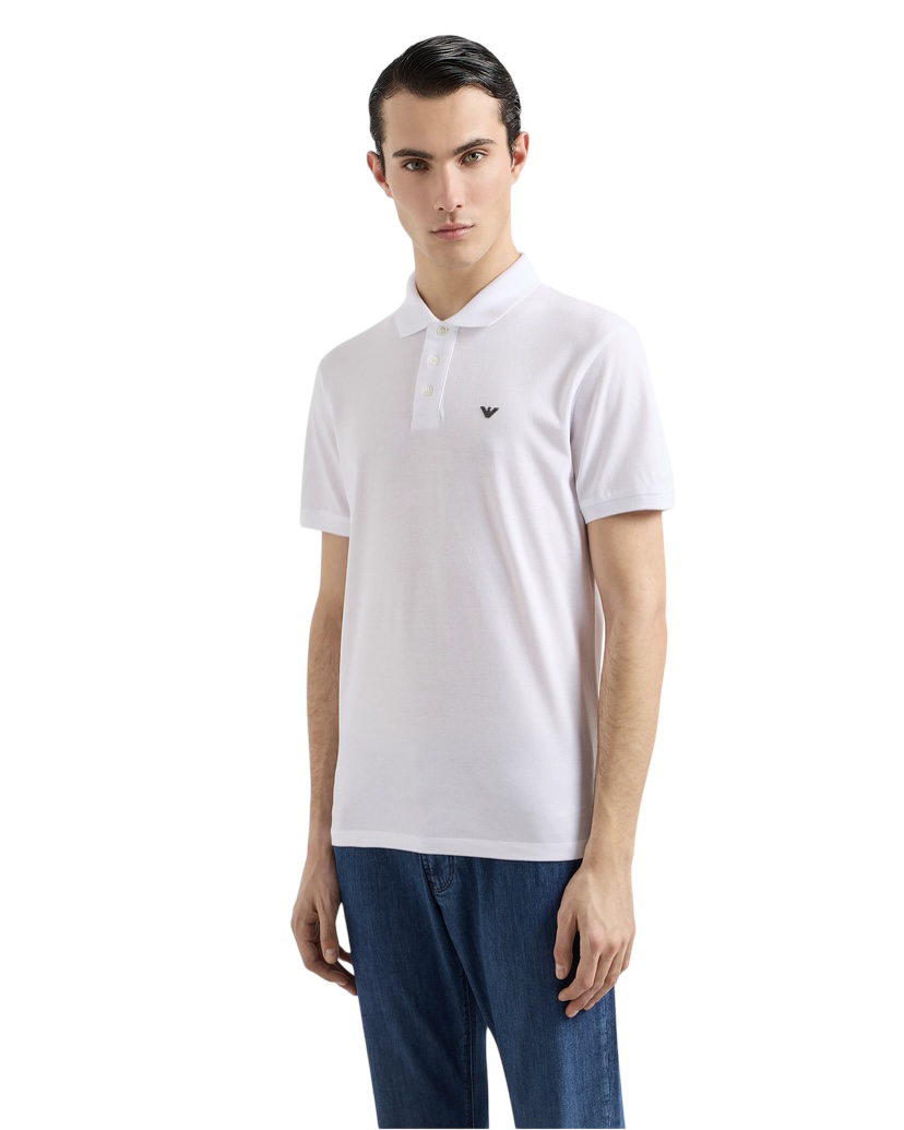 EMPORIO ARMANI - Polo Bianca Tinta Unita in Piquet con Micro Eagle