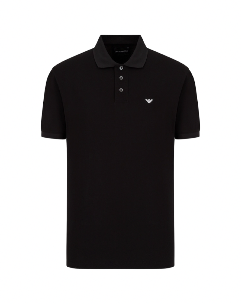 EMPORIO ARMANI - Polo Nera Tinta Unita in Piquet con Micro Eagle