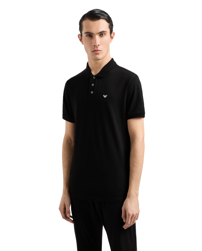 EMPORIO ARMANI - Polo Nera Tinta Unita in Piquet con Micro Eagle