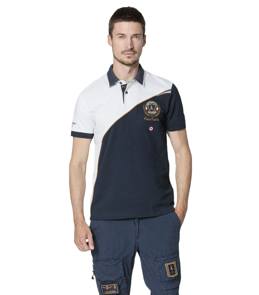 AERONAUTICA MILITARE - Polo Blu e Bianca Color Block Ricamata