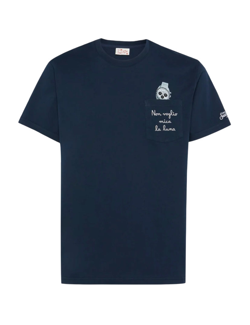 MC2 SAINT BARTH - T-shirt Austin Blu con Orologio e Ricamo Non Voglio Mica la Luna