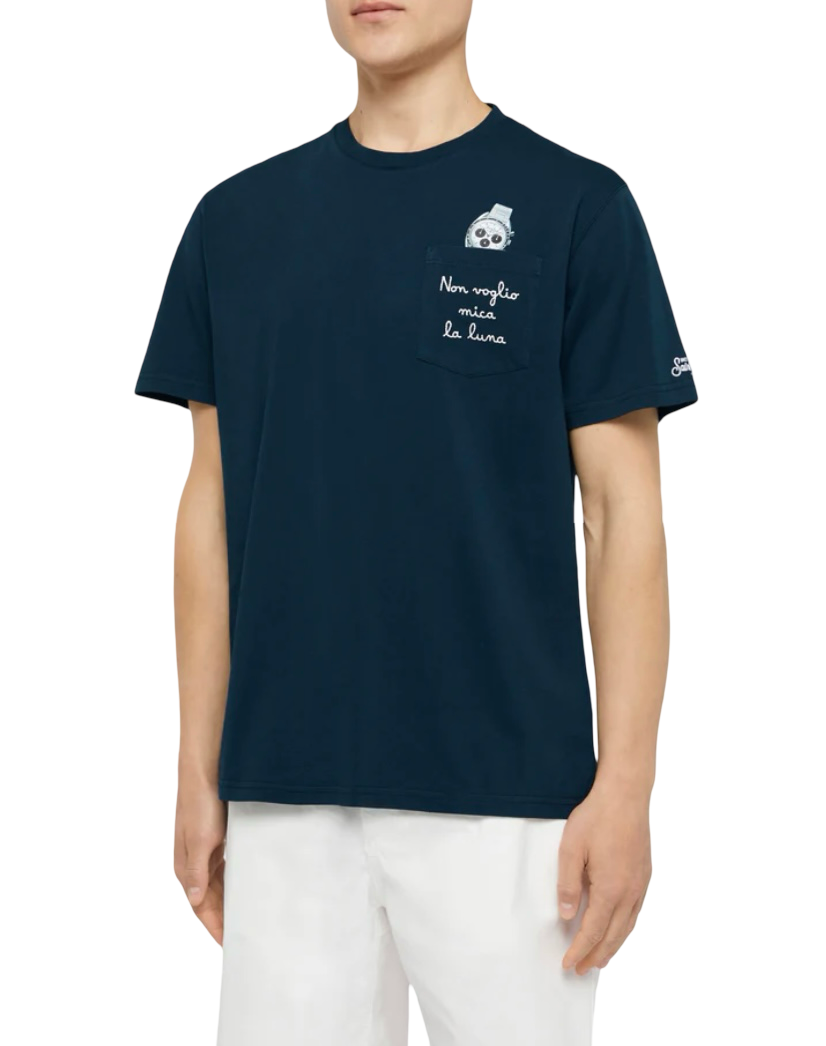 MC2 SAINT BARTH - T-shirt Austin Blu con Orologio e Ricamo Non Voglio Mica la Luna