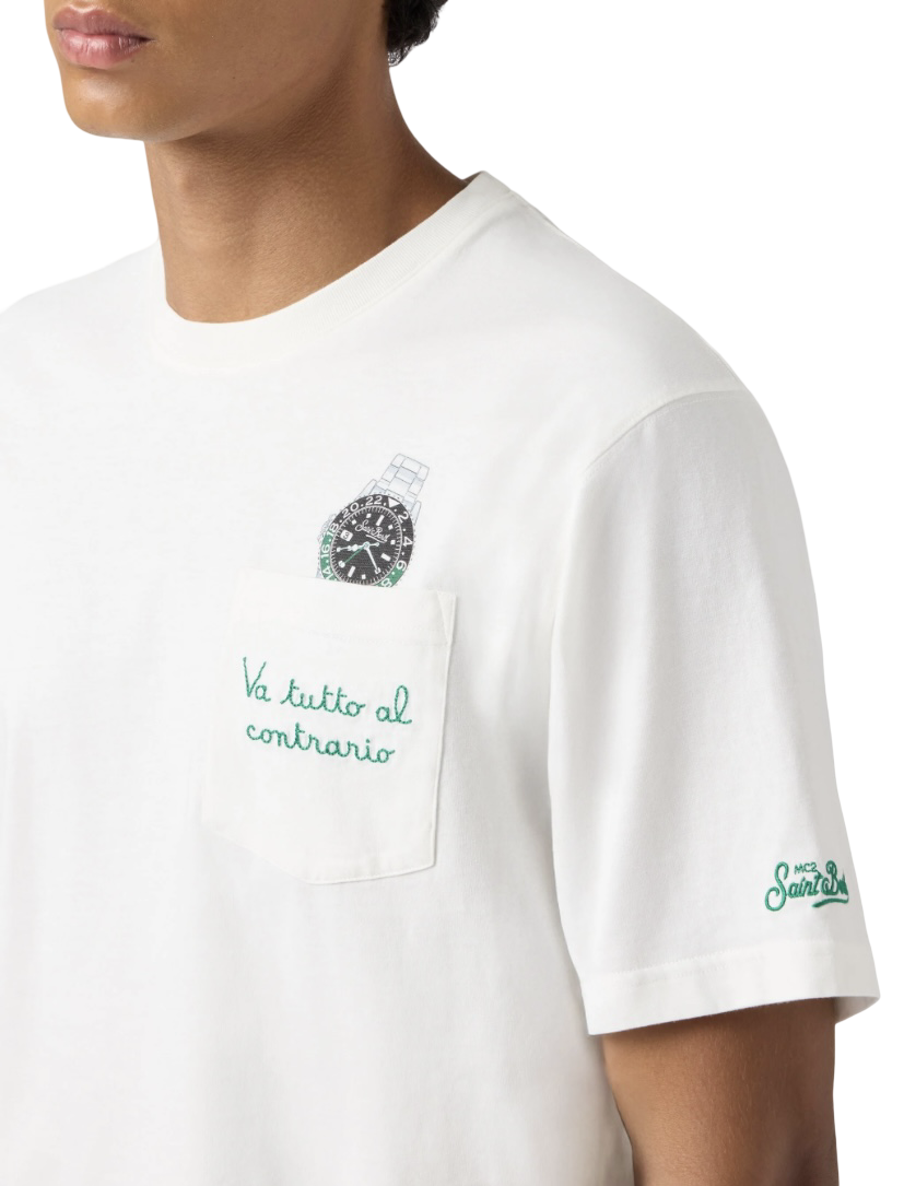 MC2 SAINT BARTH - T-shirt Austin Bianca con Orologio e Ricamo Va tutto al Contrario