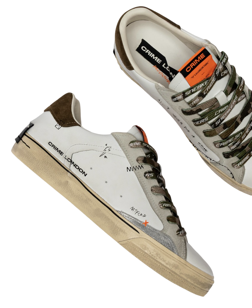 CRIME LONDON - Sneakers Distressed Bianca, Verde Militare e Arancione